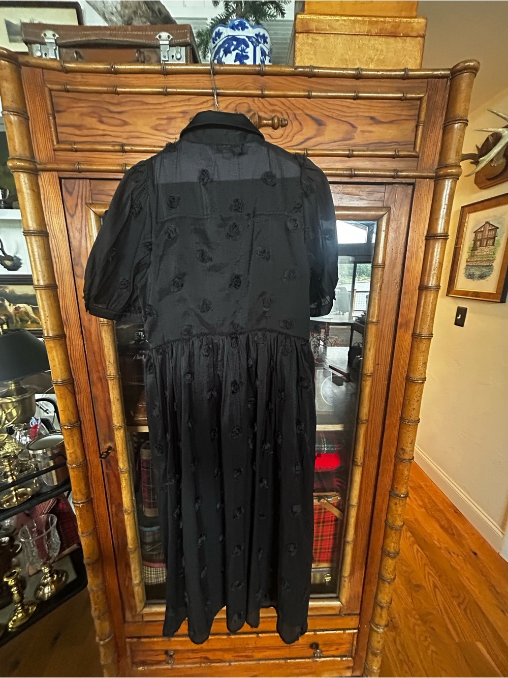 Black Floral Button-Front Maxi Dress with Short Puff Sleeves - Picture 3 of 5